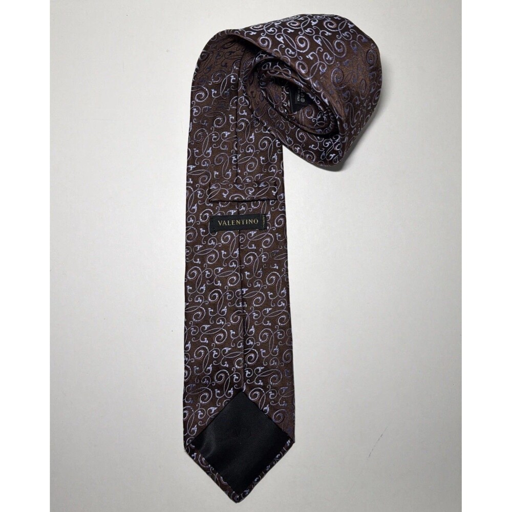 VALENTINO Italy Mens Silk Tie Brown Blue Ornate Paisley Jacquard Swirl Luxury